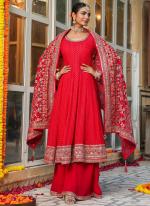 Banarasi Georgette Red Wedding Wear Sequins Work Readymade Anarkali With Plazzo